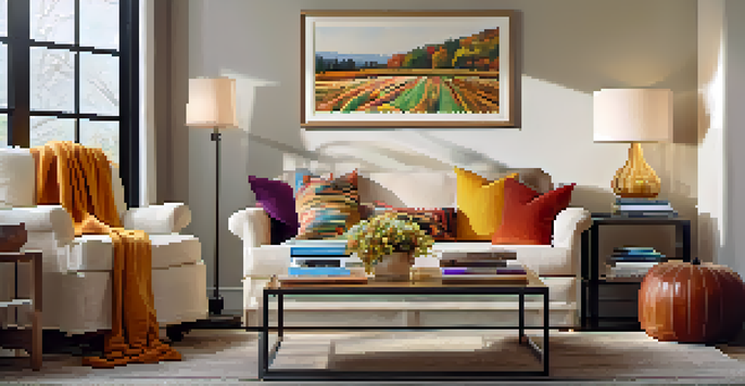 A cozy living room with a plush sofa, colorful pillows, a coffee table with magazines, and warm lighting from a lamp, alongside a view of an autumn landscape through a window.