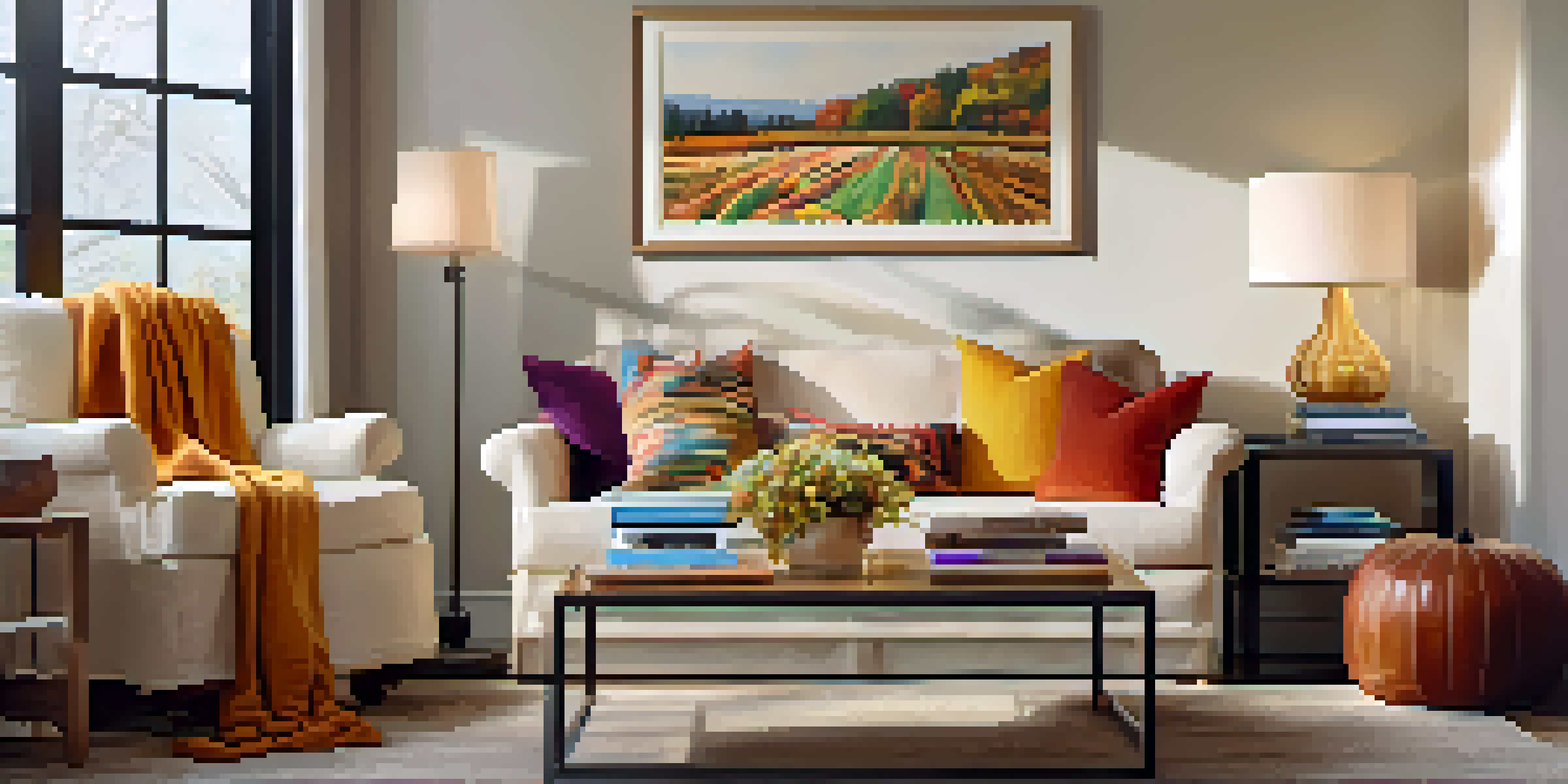 A cozy living room with a plush sofa, colorful pillows, a coffee table with magazines, and warm lighting from a lamp, alongside a view of an autumn landscape through a window.