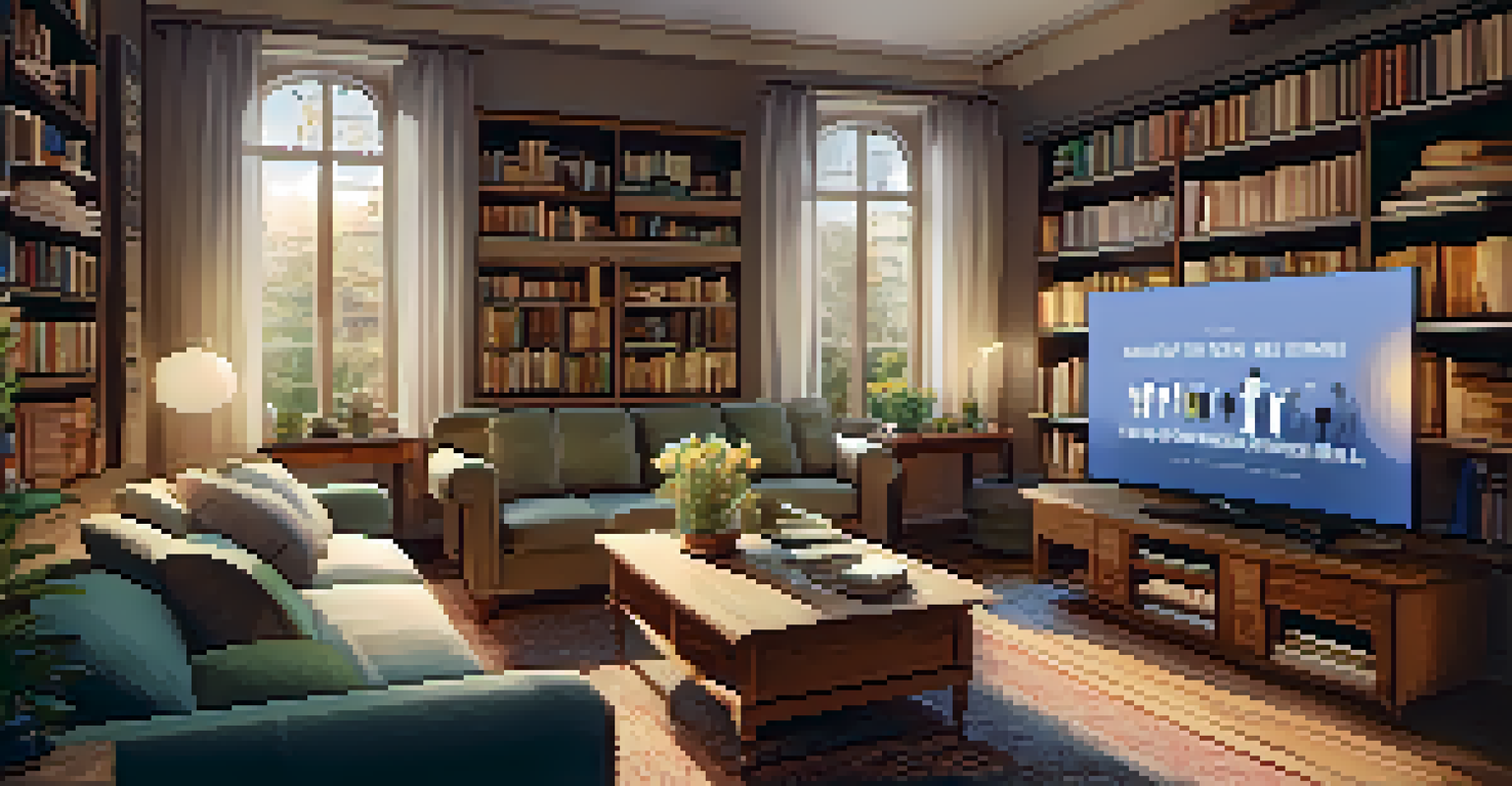 A cozy living room with bookshelves, a person watching a documentary on a large screen, and warm lighting.