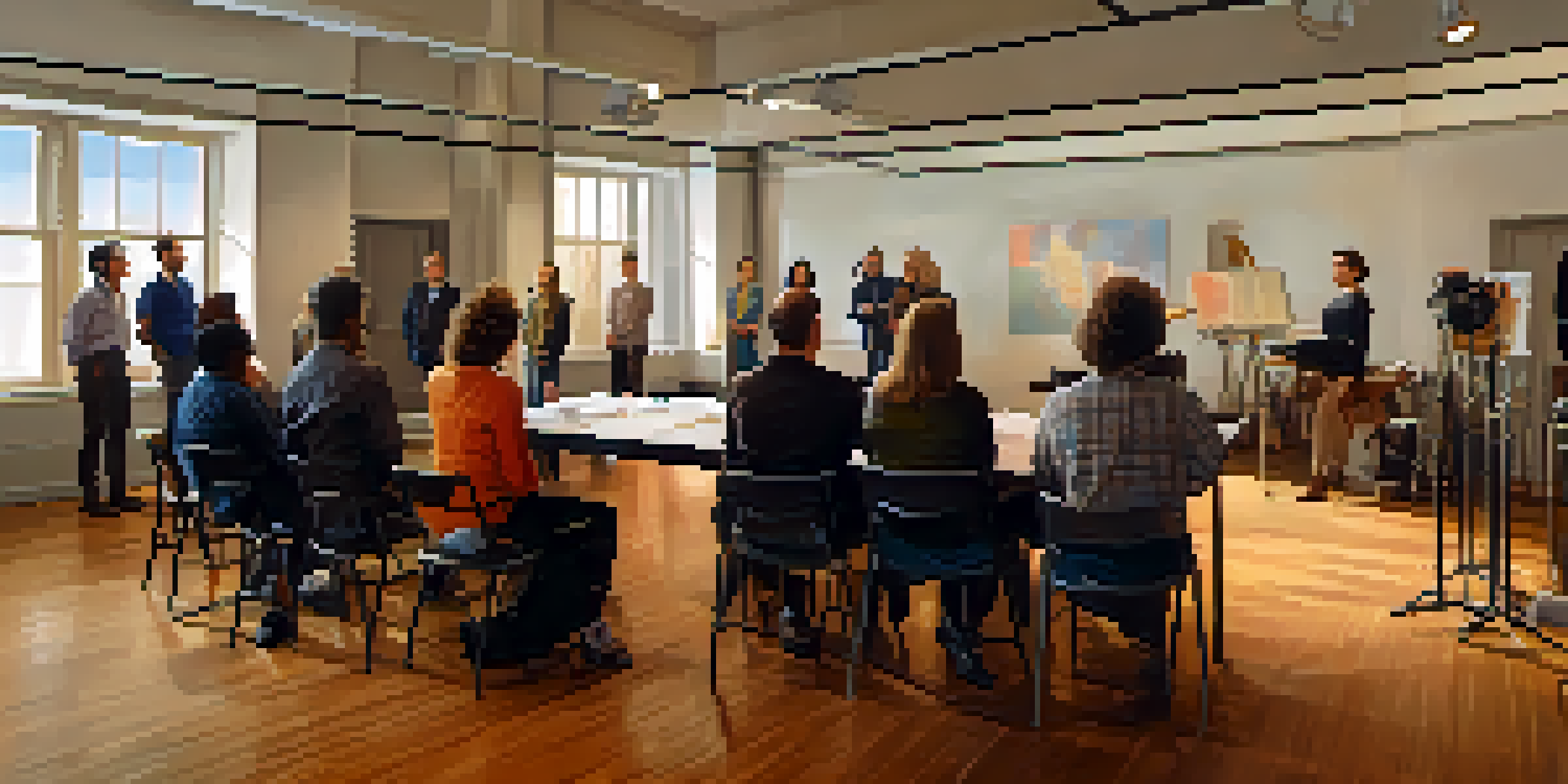 A diverse group of actors auditioning in a well-lit room with casting directors observing.
