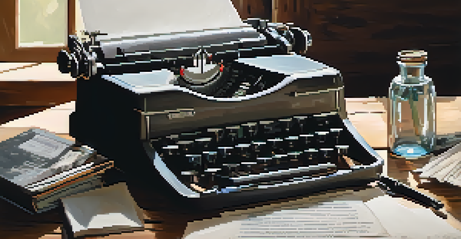 A close-up of a vintage typewriter on a wooden desk with sheets of paper and an ink bottle.