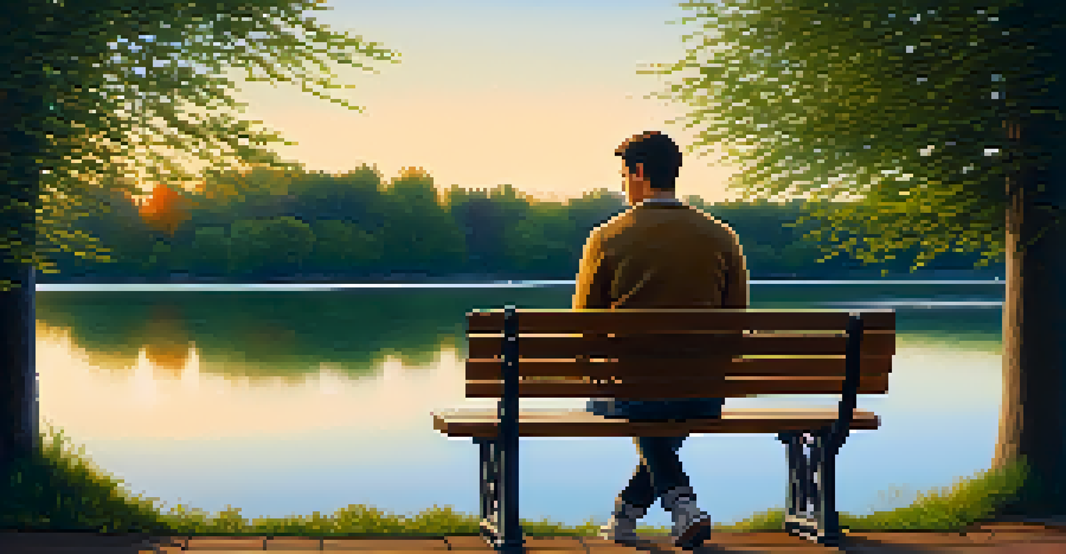 A young man sitting on a park bench, looking out at a sunset over a lake, reflecting emotional depth.