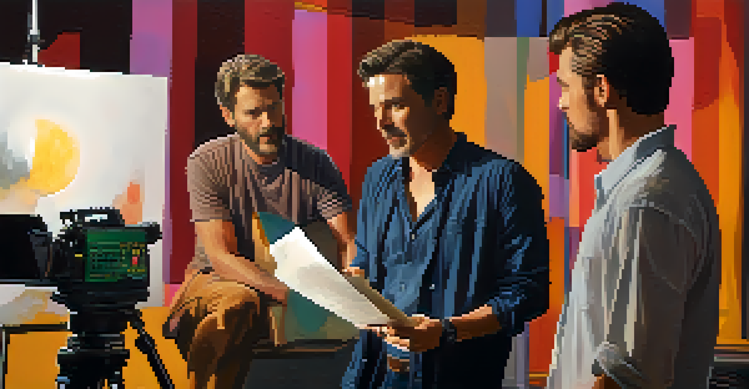 A film director engaging with actors on set, expressing creativity and collaboration amidst studio lights and film equipment.
