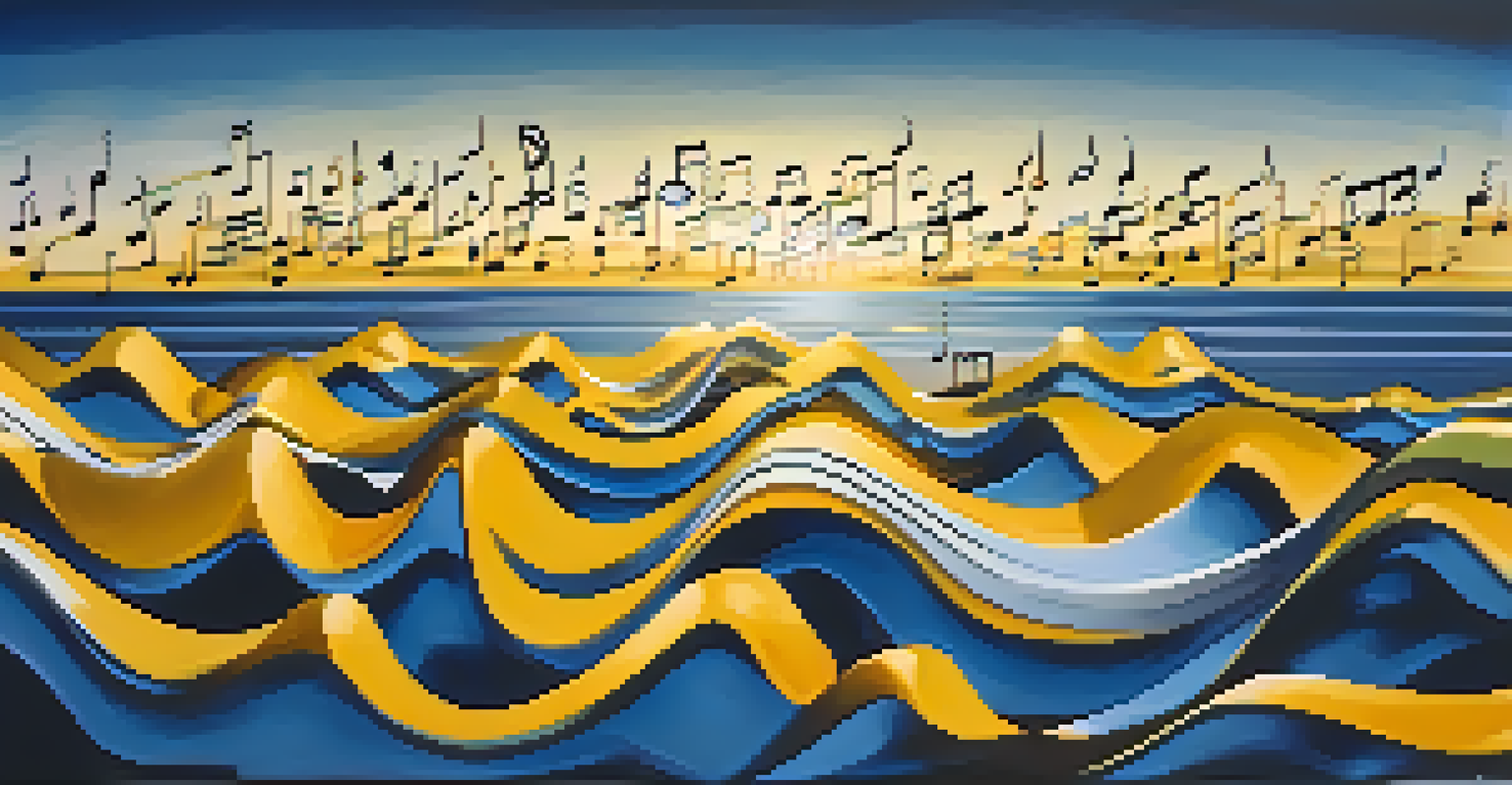 An artistic visualization of sound waves transforming into musical notes, against a cinematic landscape background with vibrant colors.