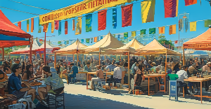 A lively outdoor film festival scene with diverse filmmakers and attendees, colorful booths, and outdoor screens showing films.