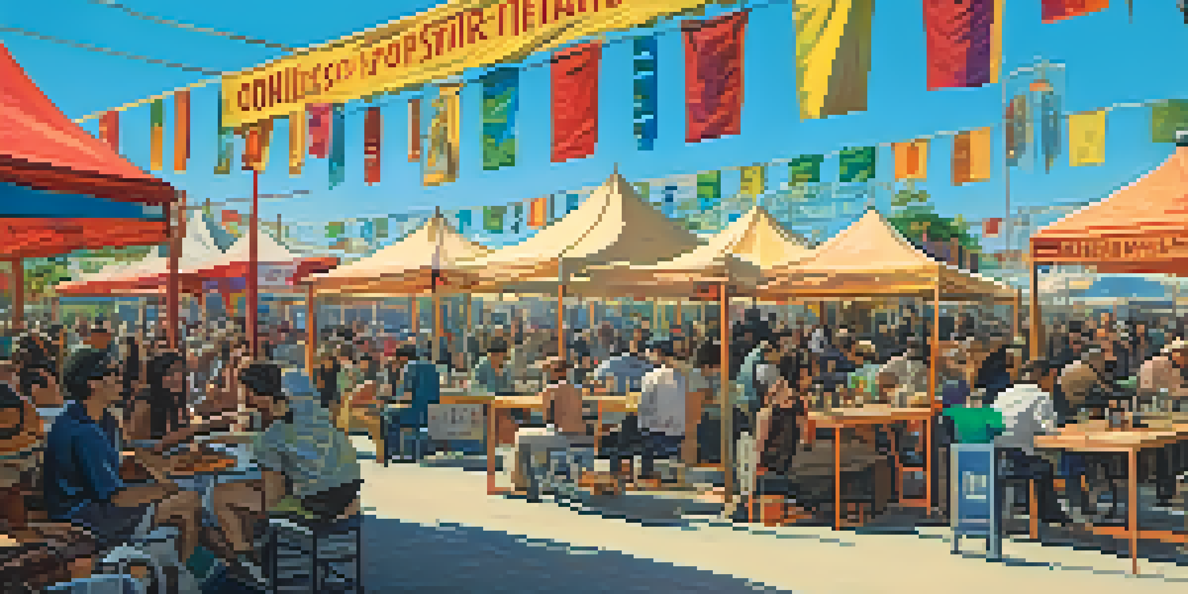 A lively outdoor film festival scene with diverse filmmakers and attendees, colorful booths, and outdoor screens showing films.