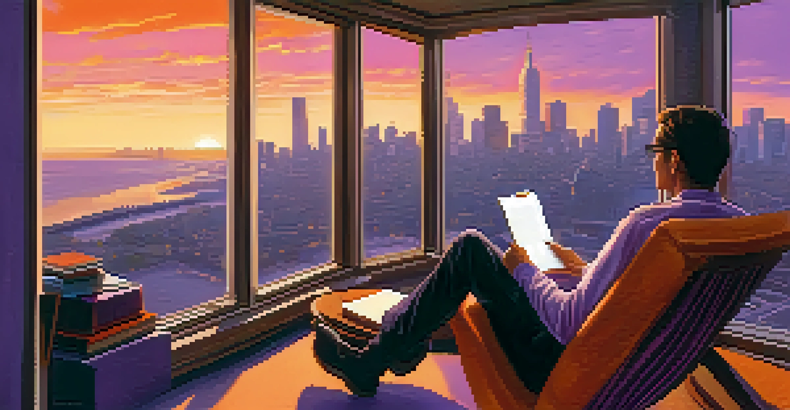 A writer relaxing in a chair, looking out at a sunset city skyline, with a notepad in hand.