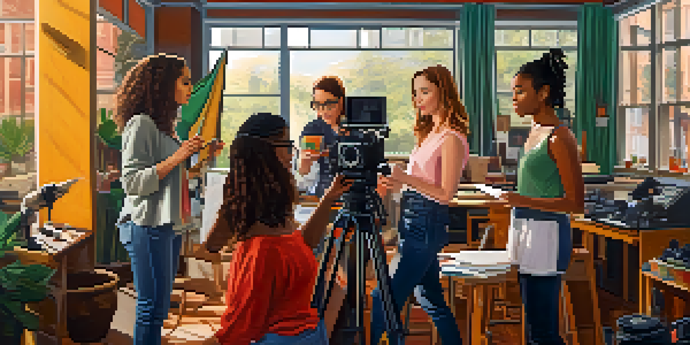 A lively film set with female filmmakers engaged in collaboration, surrounded by colorful props and equipment.