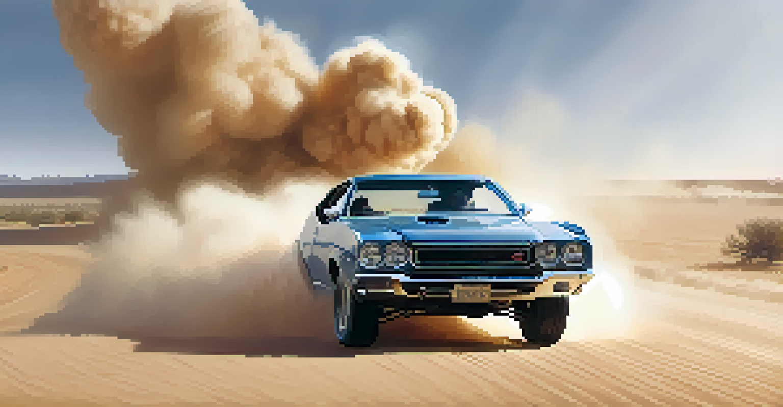 A thrilling chase scene with real vehicles performing stunts on a desert road.
