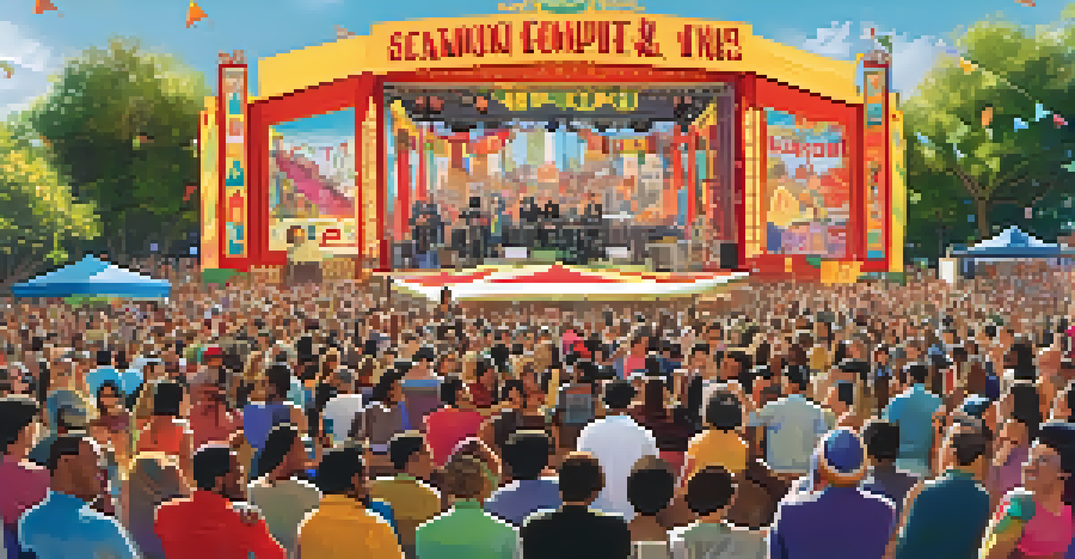 An outdoor comedy festival in the 2010s with a diverse lineup of comedians, an engaged audience, and colorful banners in a sunny setting.