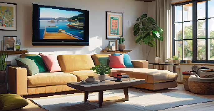 A bright living room with a television showing a documentary, decorated with a sofa, coffee table, and plants.