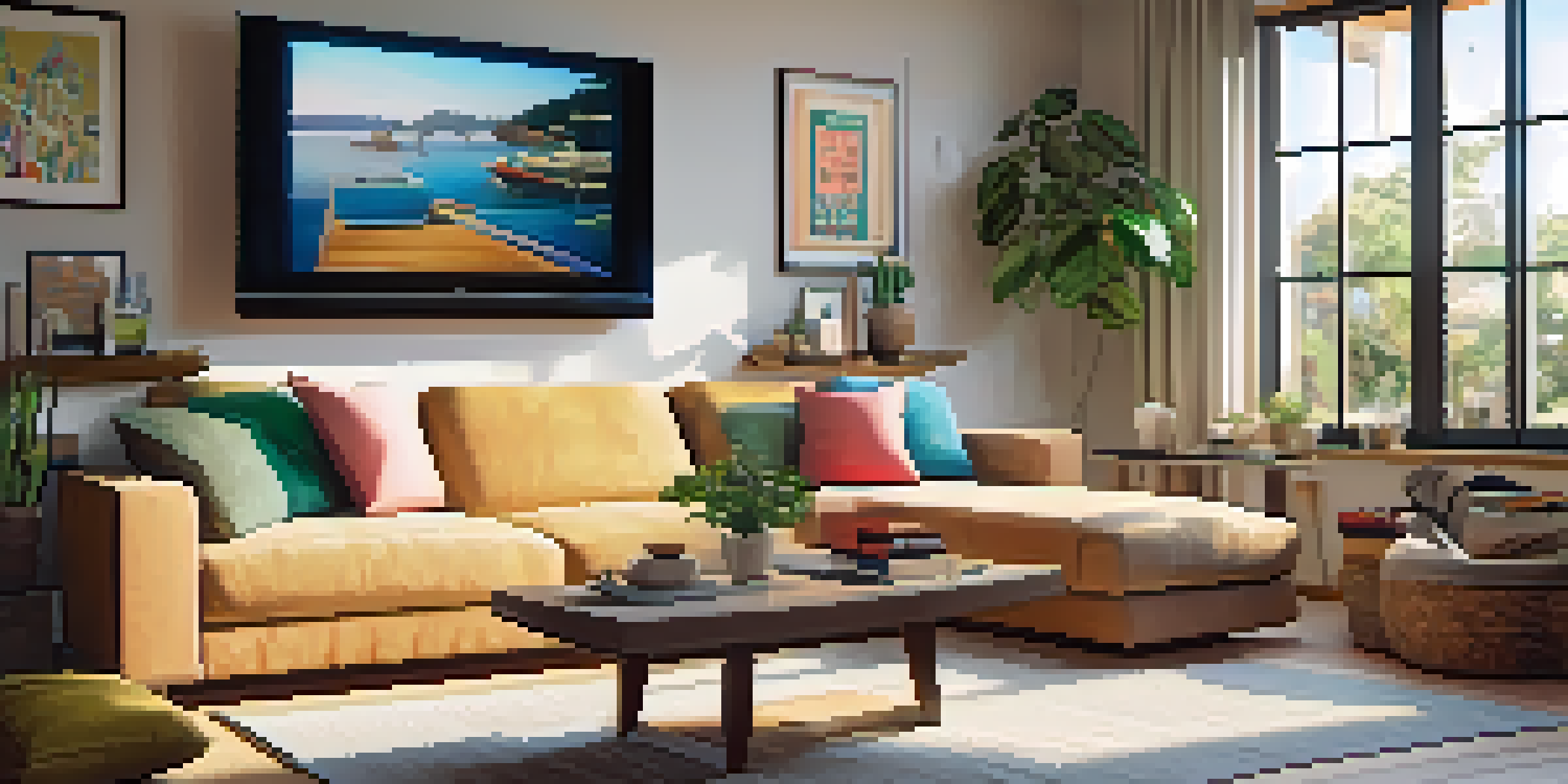 A bright living room with a television showing a documentary, decorated with a sofa, coffee table, and plants.