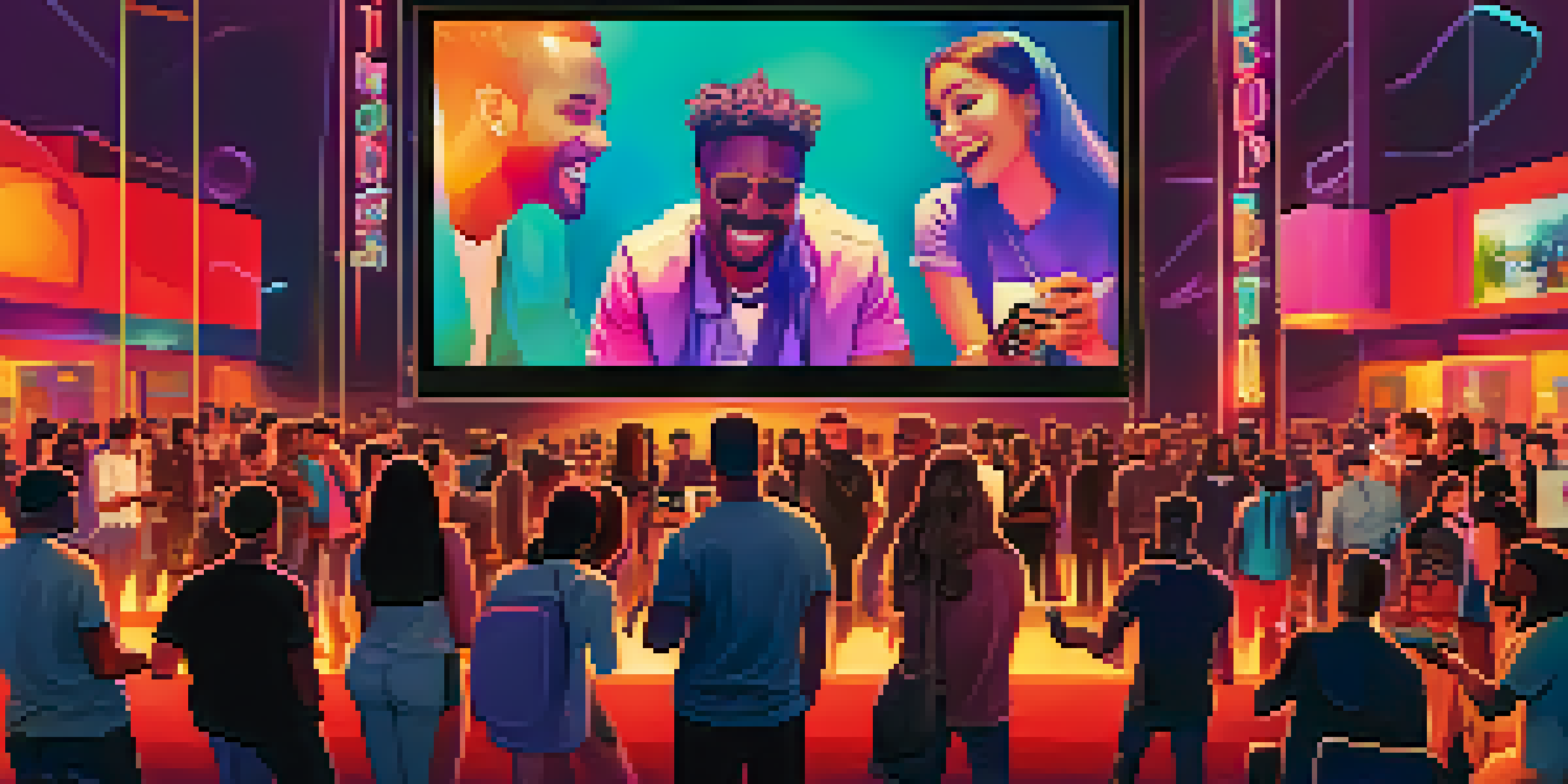 A lively virtual film premiere in Hollywood with filmmakers and influencers engaging with each other and colorful digital screens displaying film trailers.