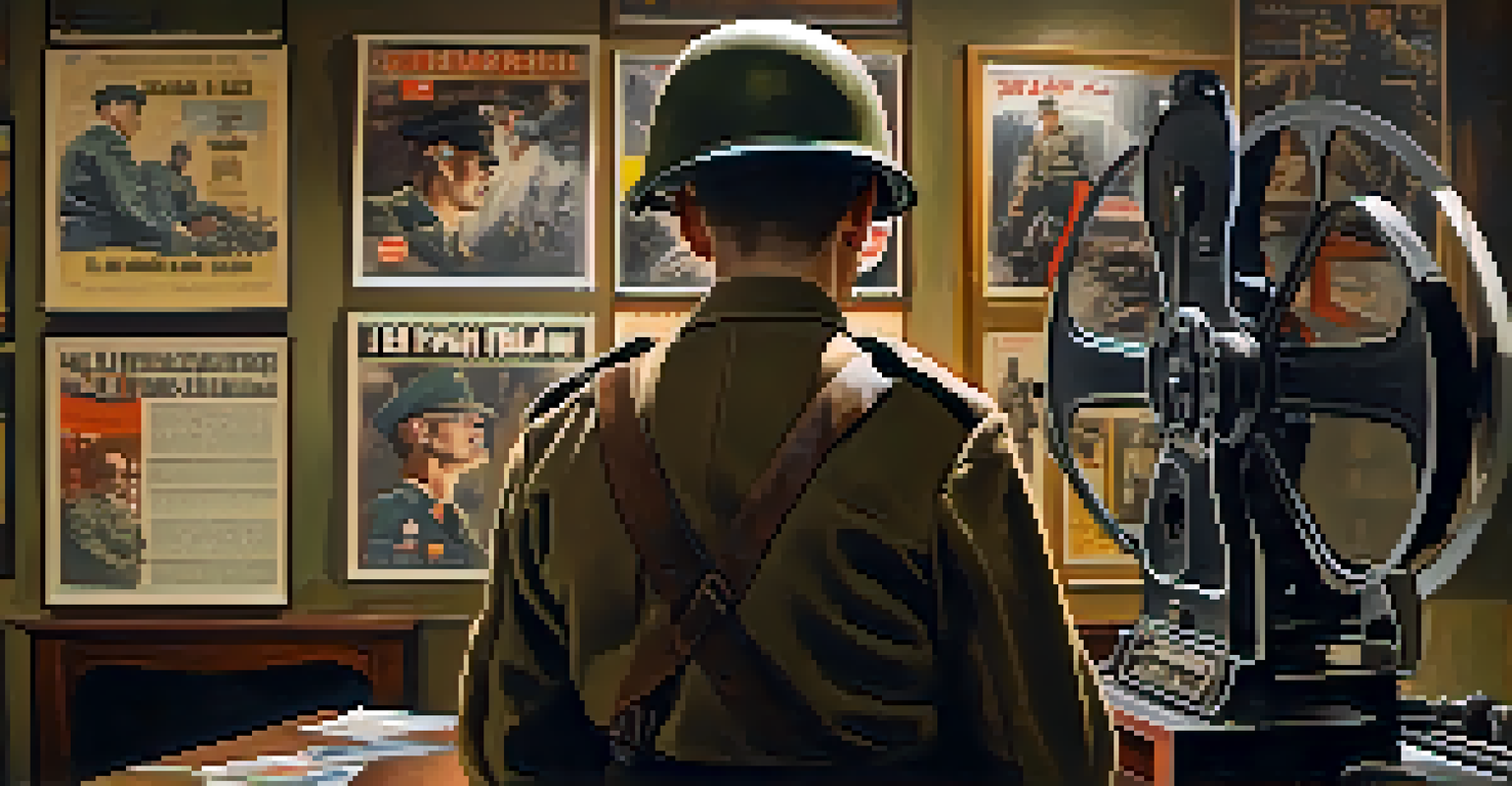 A soldier watching a propaganda film in a dimly lit room, with vintage film equipment and patriotic posters in the background.