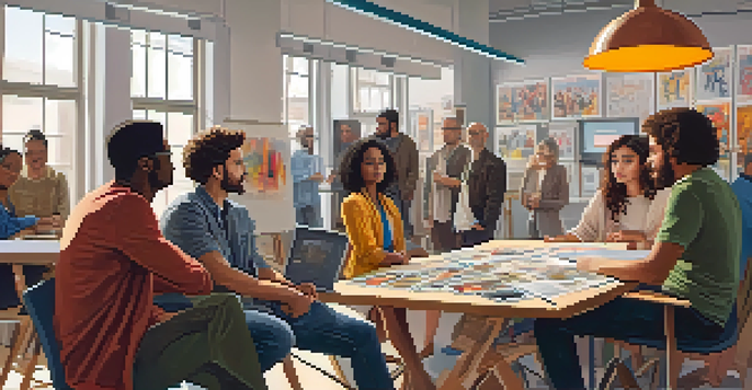 A diverse group of filmmakers in a modern studio discussing political films, with bright natural light and colorful decor.