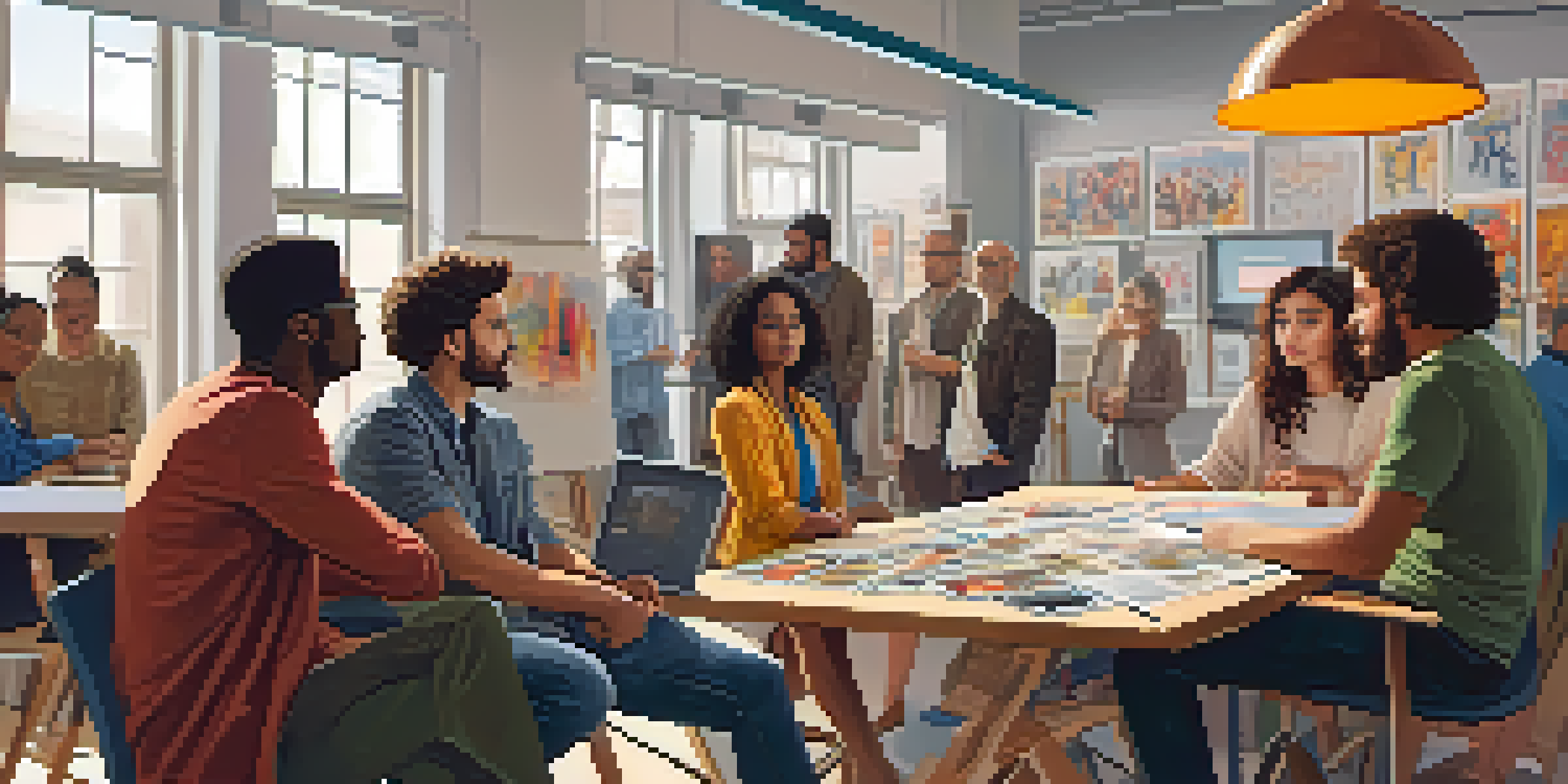 A diverse group of filmmakers in a modern studio discussing political films, with bright natural light and colorful decor.
