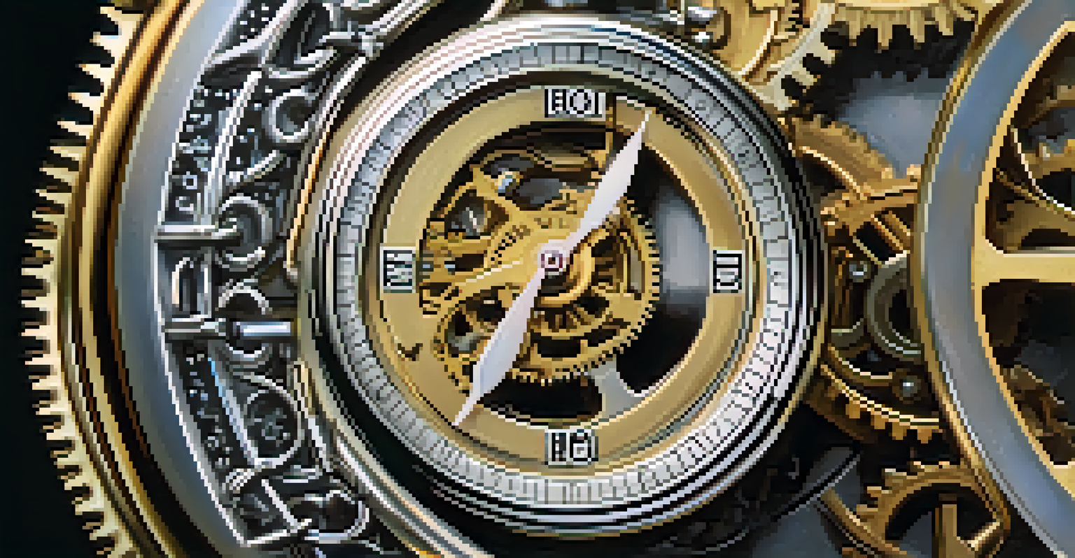 A detailed close-up of a vintage mechanical watch, highlighting its moving gears and intricate craftsmanship against a blurred background.