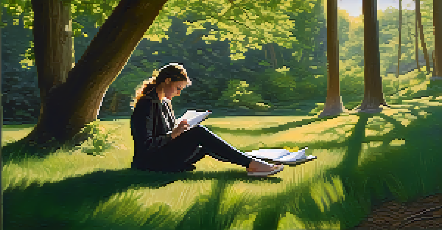 A woman director sitting in a lush landscape, writing in a notebook with a camera beside her, surrounded by nature.