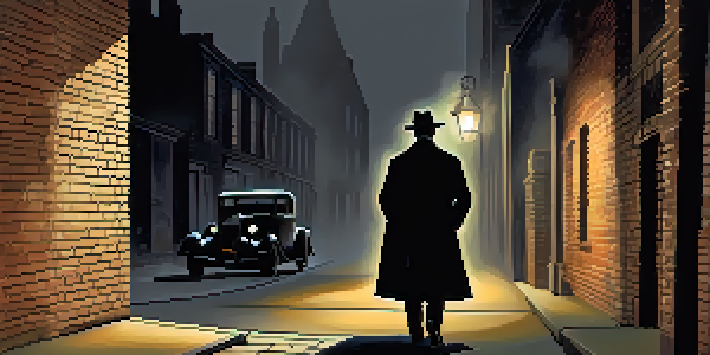 A hard-boiled detective in a trench coat stands in a dimly lit alleyway, with a vintage car in the background and shadows cast by a streetlamp.