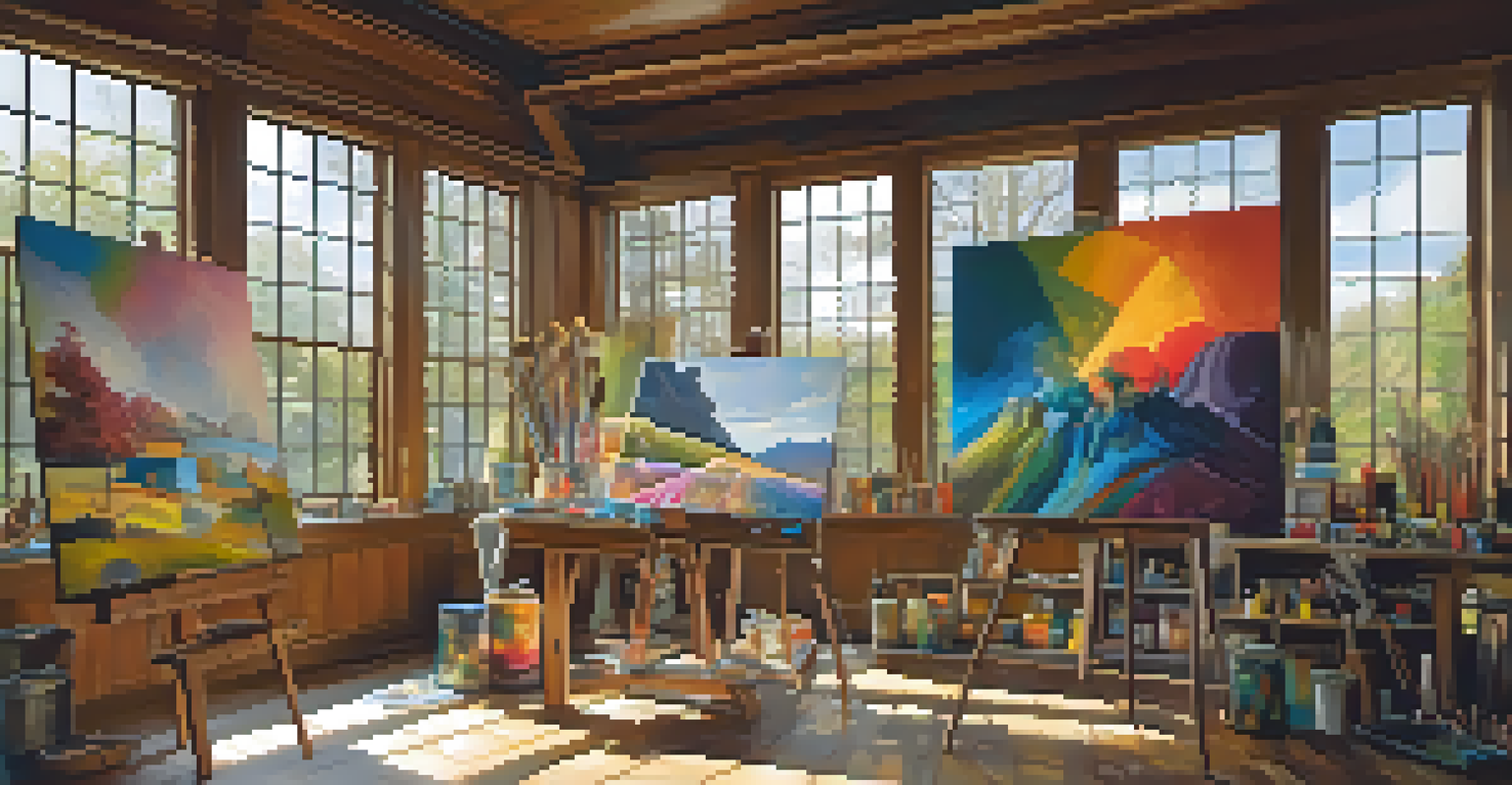 An artist's studio with colorful paintings, sculptures, and sunlight streaming through windows.