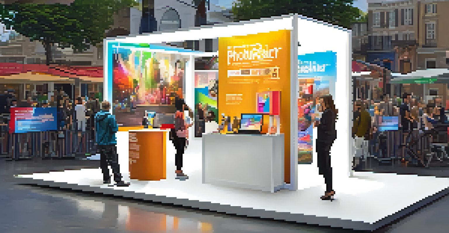 A creative booth at a film festival with vibrant colors, interactive displays, and engaged attendees trying out a product.