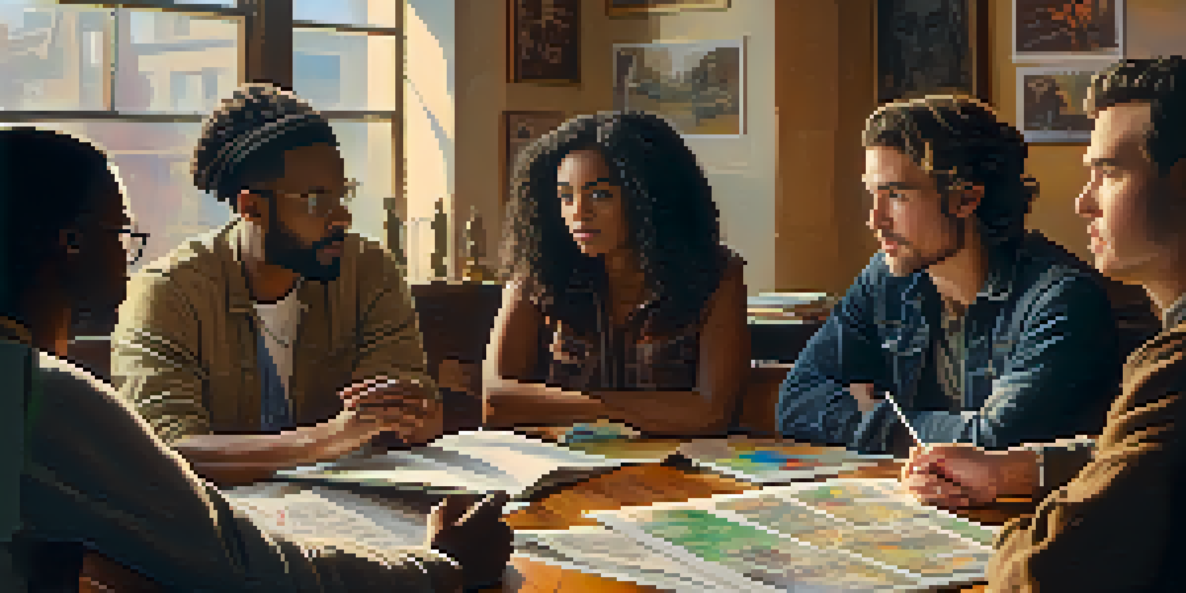 A group of diverse filmmakers discussing a script in a cozy room filled with film posters and natural light.