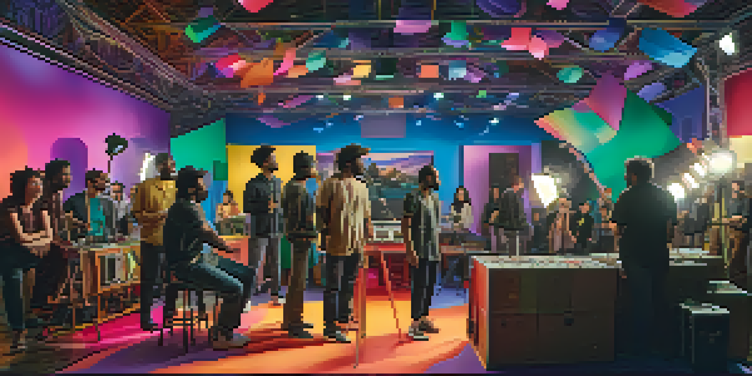 A diverse group of filmmakers and actors collaborating on a colorful film set, surrounded by camera equipment and cultural elements.