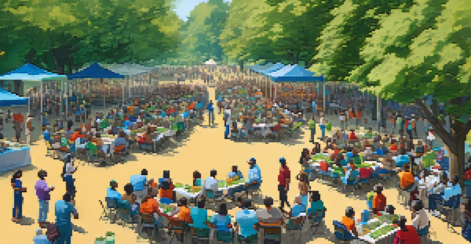 A community gathering in a park focused on social change, featuring people of all ages, colorful banners, and a large screen showing a documentary film.