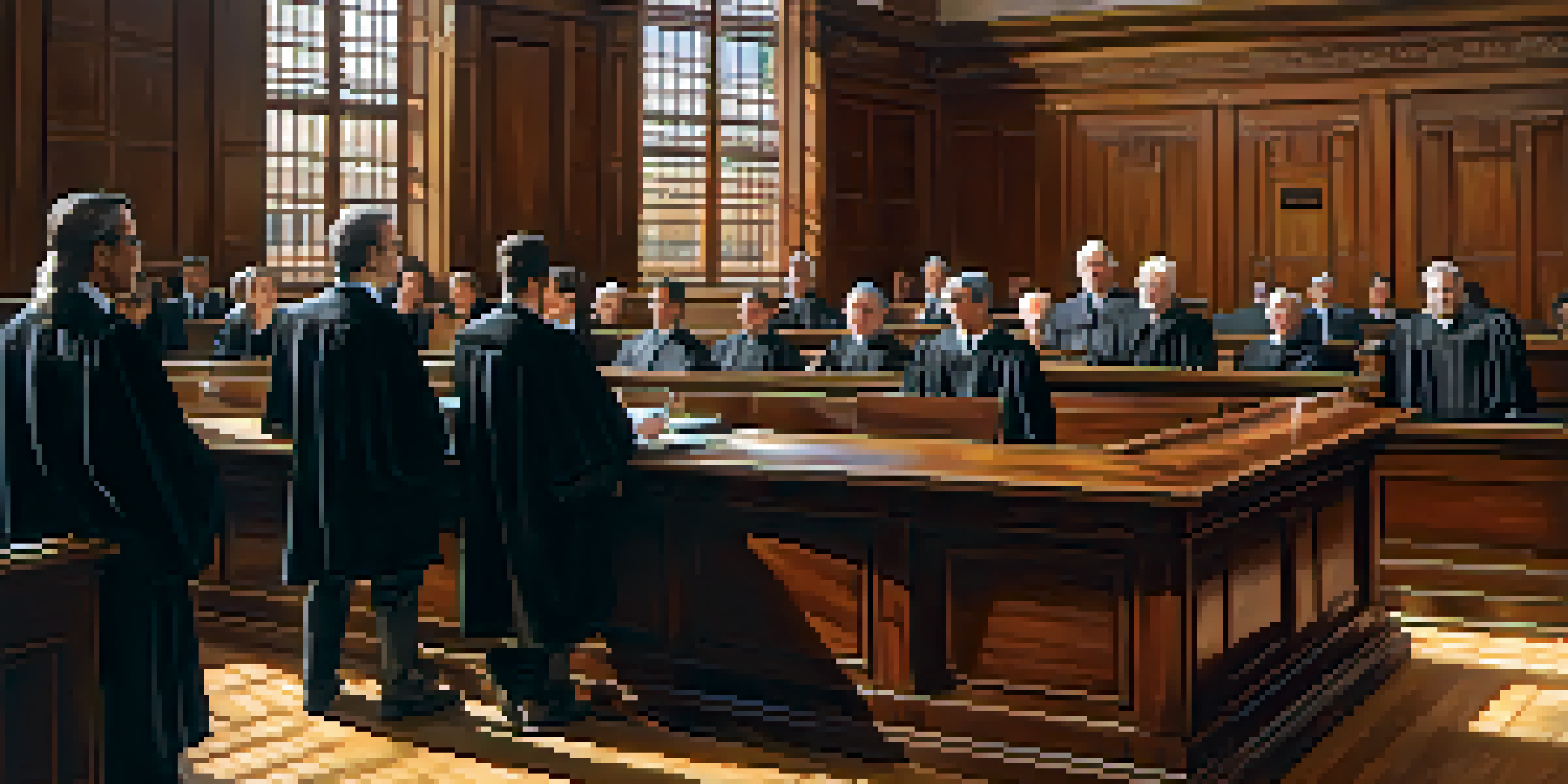 A vibrant courtroom filled with diverse lawyers passionately presenting their cases, intricate wooden details, and warm light coming through large windows.