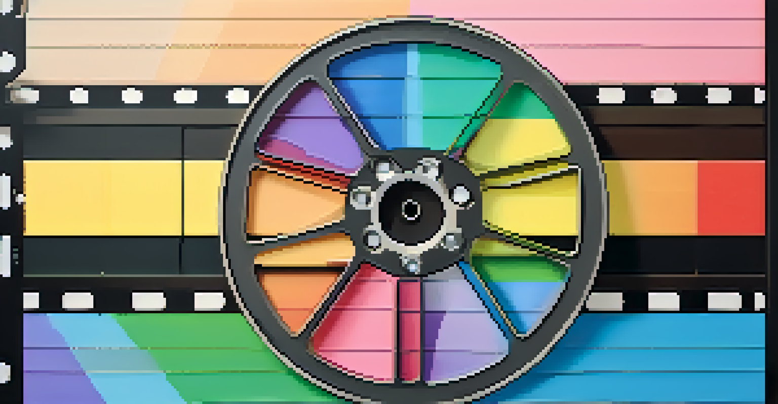 A film reel transforming into a rainbow flag, symbolizing LGBTQ+ representation in cinema, against a pastel gradient background.