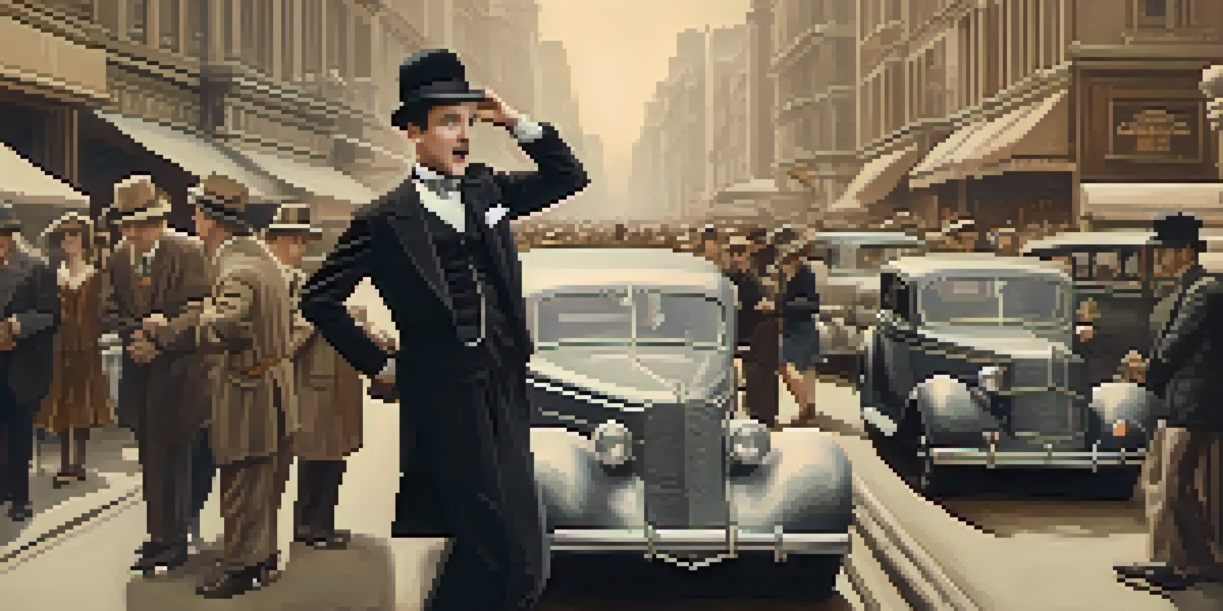 A comical character in a bowler hat falls dramatically on a busy street, surrounded by vintage cars and pedestrians, in a sepia-toned scene reminiscent of silent films.