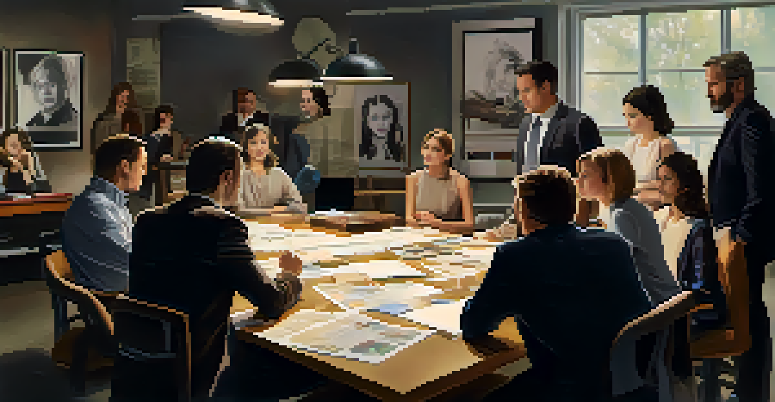 Producers discussing casting choices around a table filled with headshots and resumes.