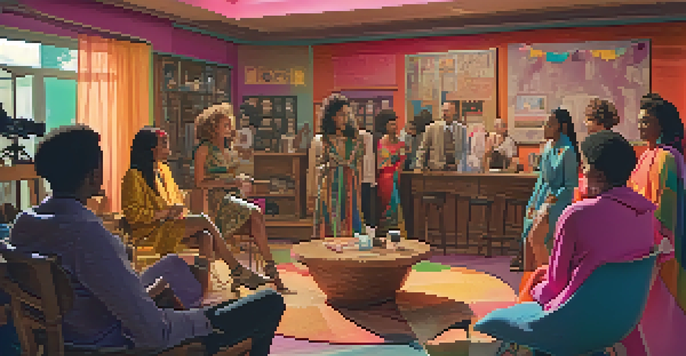 A diverse group of trans actors on a film set, discussing amidst colorful costumes and warm lighting.