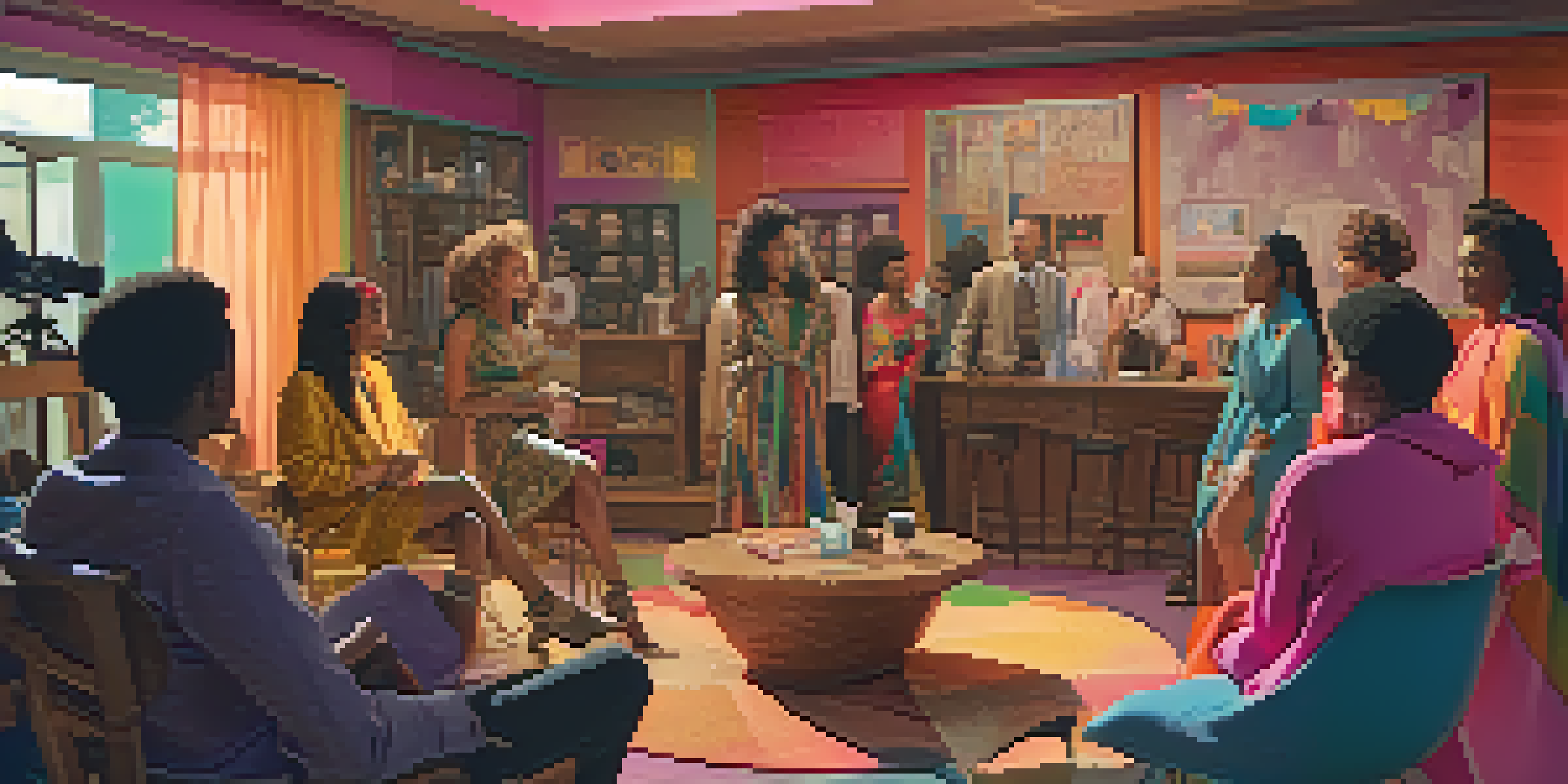 A diverse group of trans actors on a film set, discussing amidst colorful costumes and warm lighting.