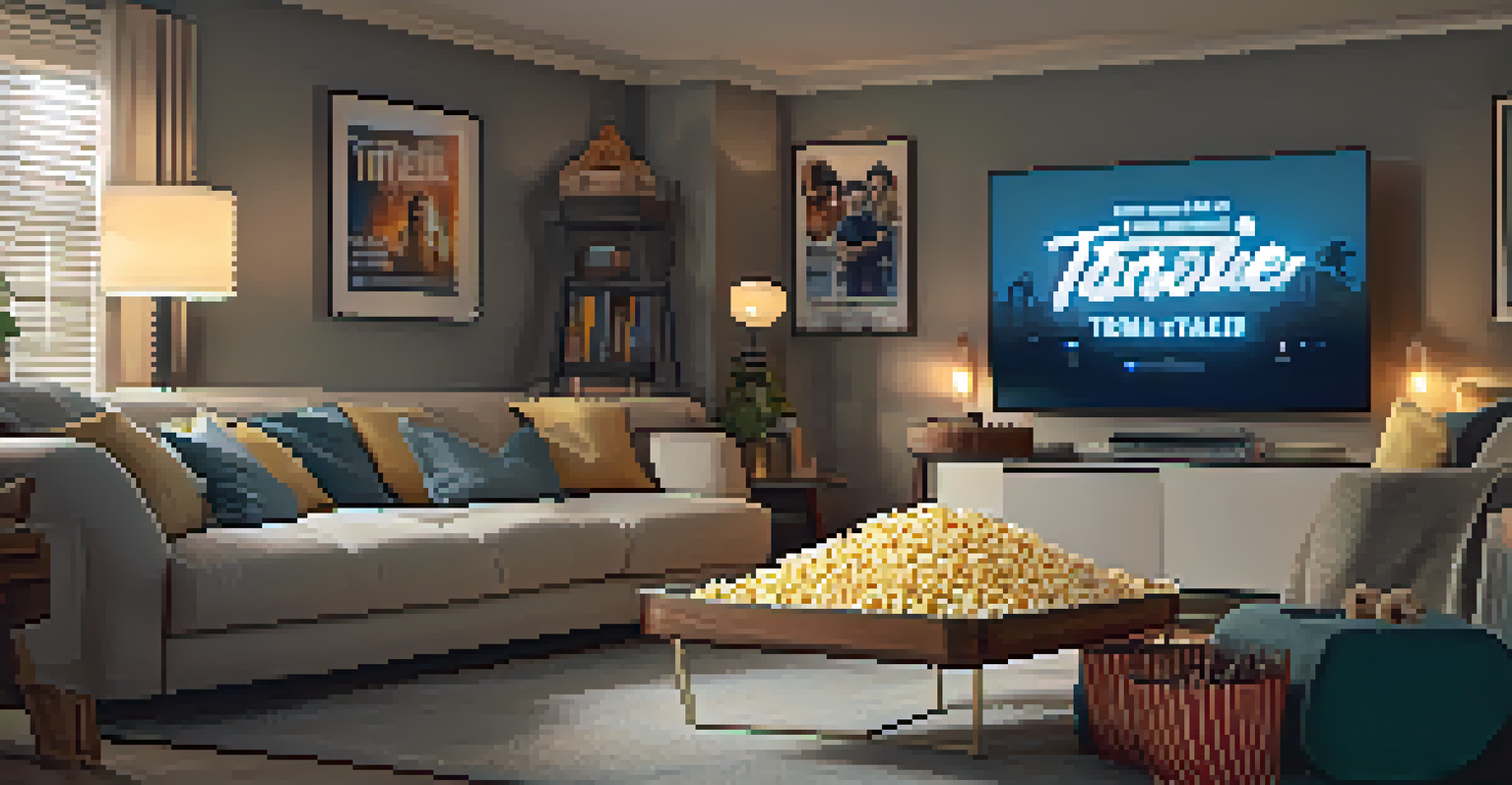 A smartphone showing a movie trailer on social media, with popcorn and a film reel nearby, set in a cozy living room.