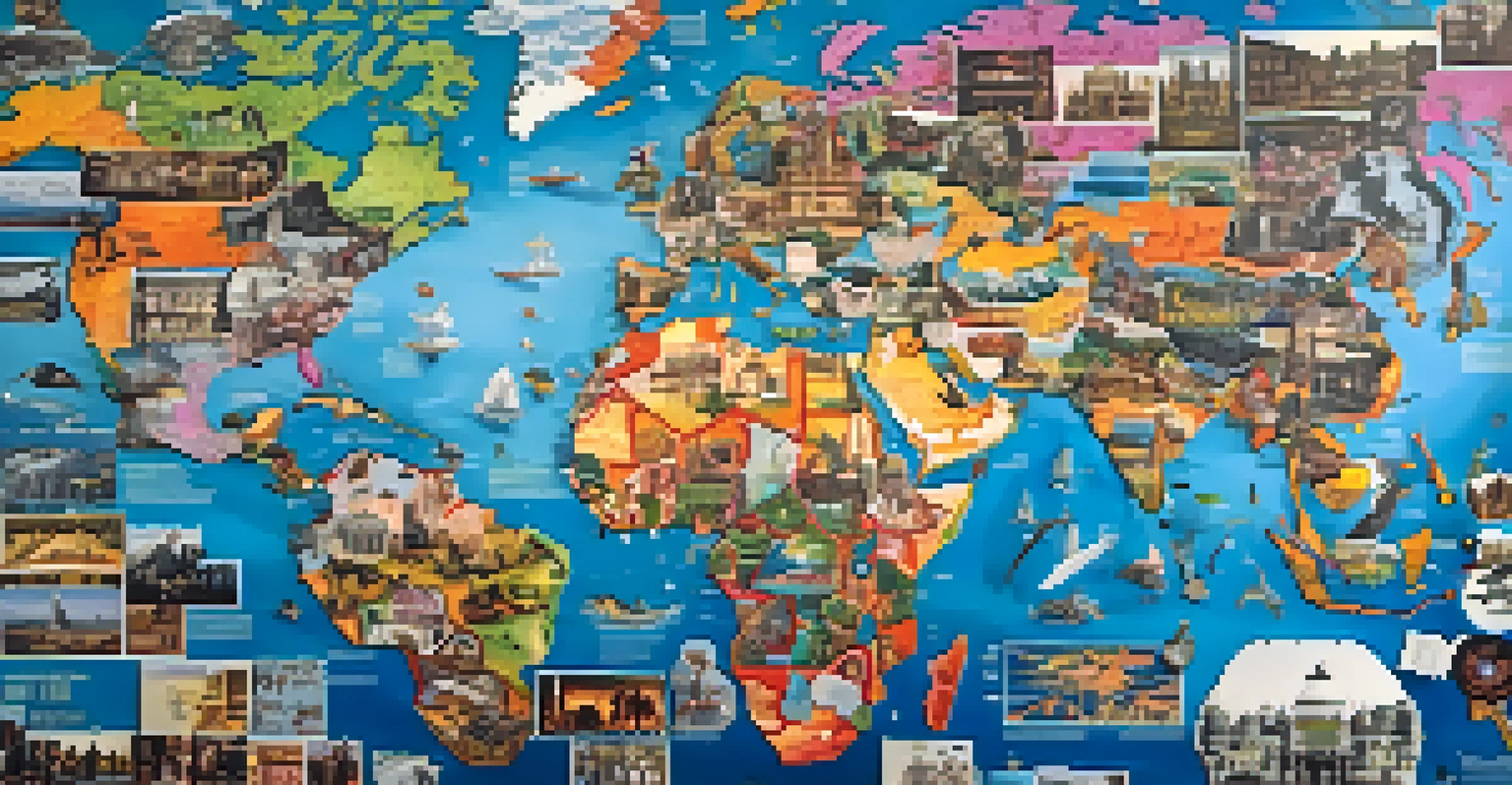 A colorful world map made of film reels and iconic movie scenes from different cultures, representing global cinema diversity.