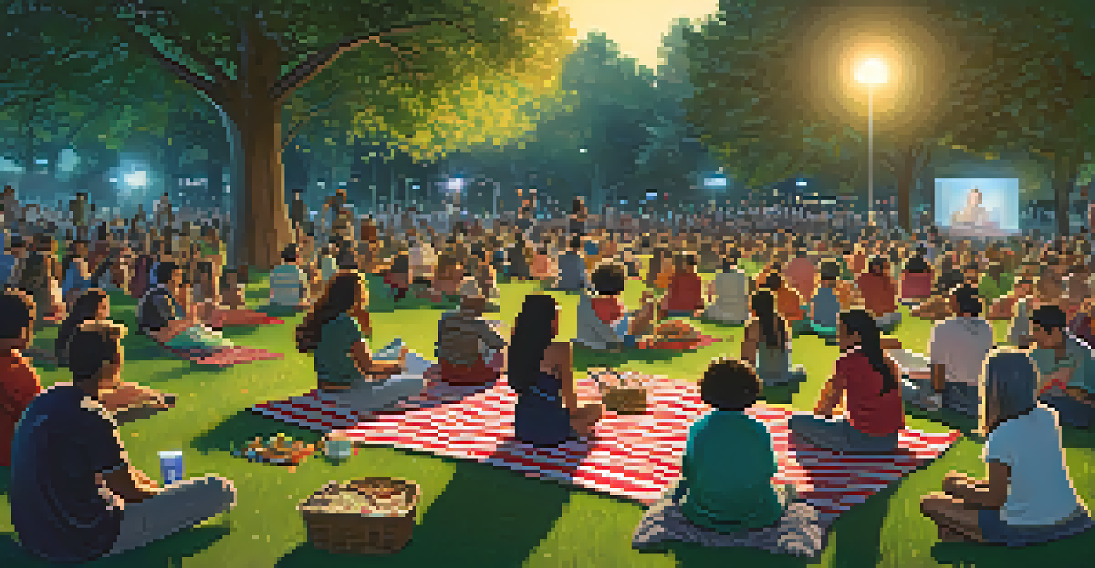 A diverse audience enjoying an outdoor film screening in a park, with colorful blankets and fairy lights creating a festive atmosphere.