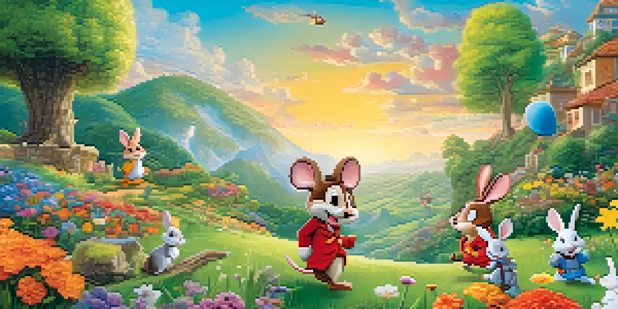 A vibrant animated landscape featuring a cheerful mouse and a playful rabbit in a colorful setting with green hills and blue skies.