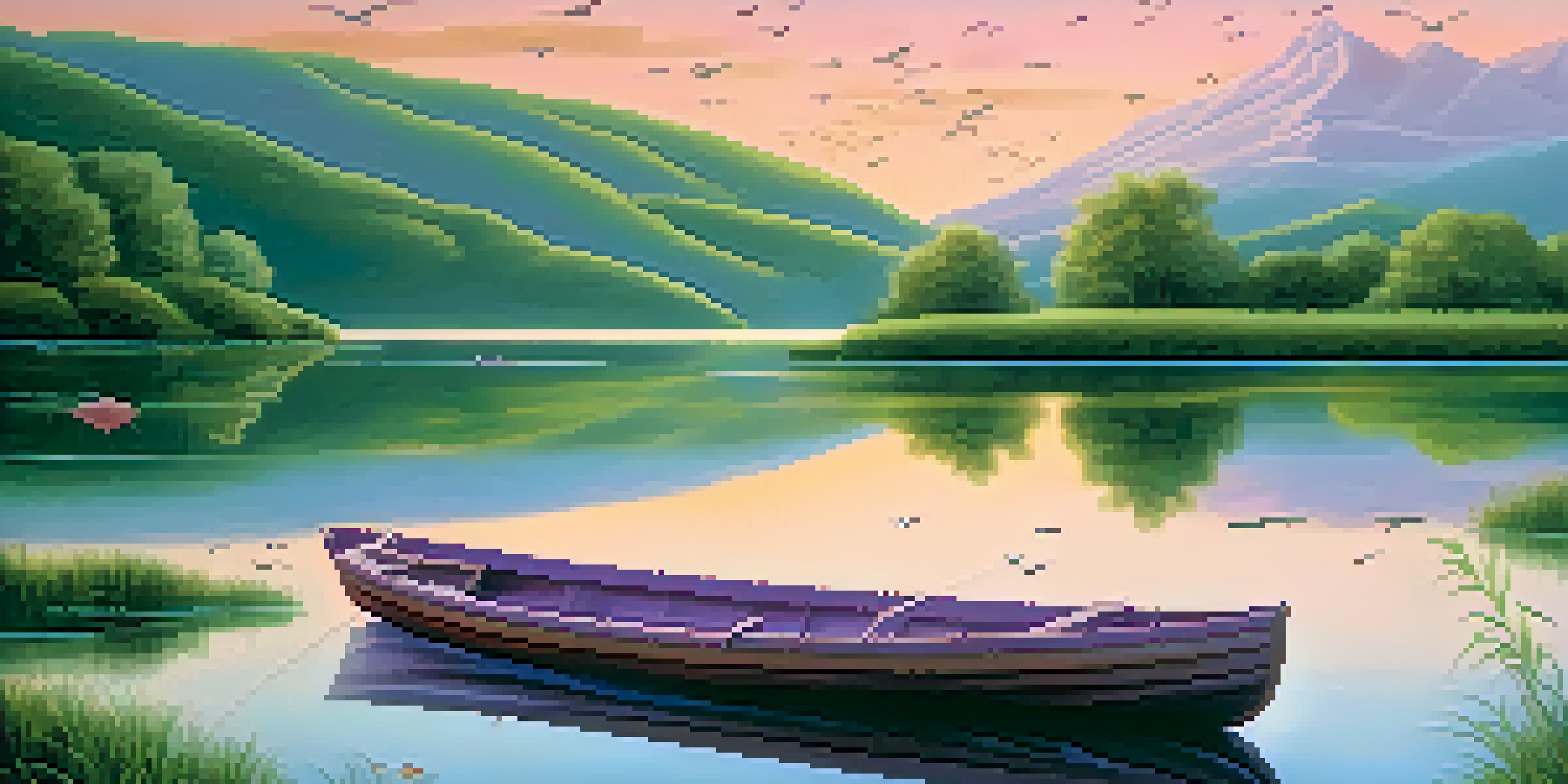 A peaceful lake at sunset with colorful sky reflections and a small wooden boat.