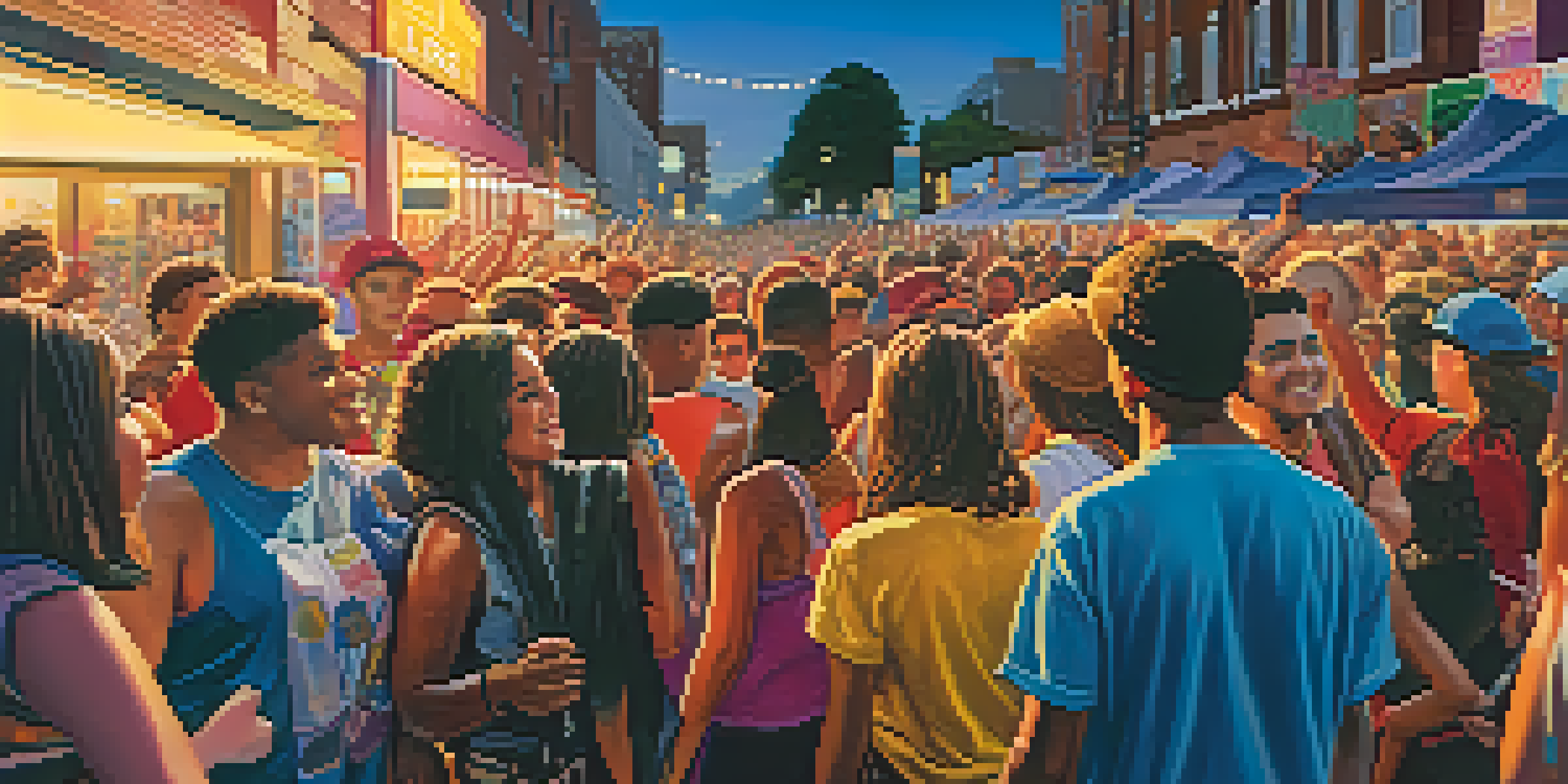 A lively gathering of fans in front of a concert venue, showcasing various merchandise and expressions of excitement as the sun sets.