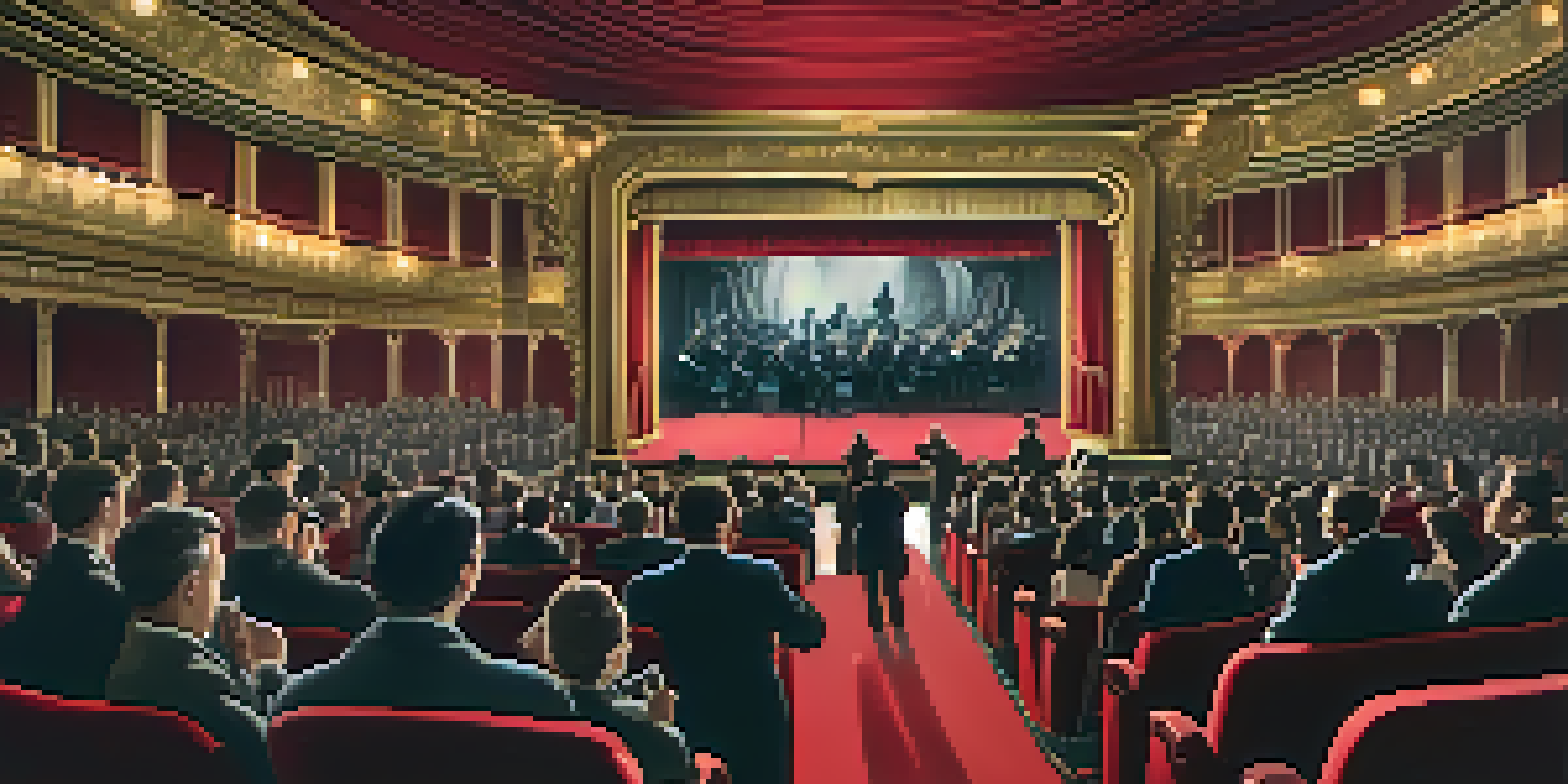 A vintage cinema scene with a live orchestra and an audience watching a silent film, capturing the essence of the early days of cinema.