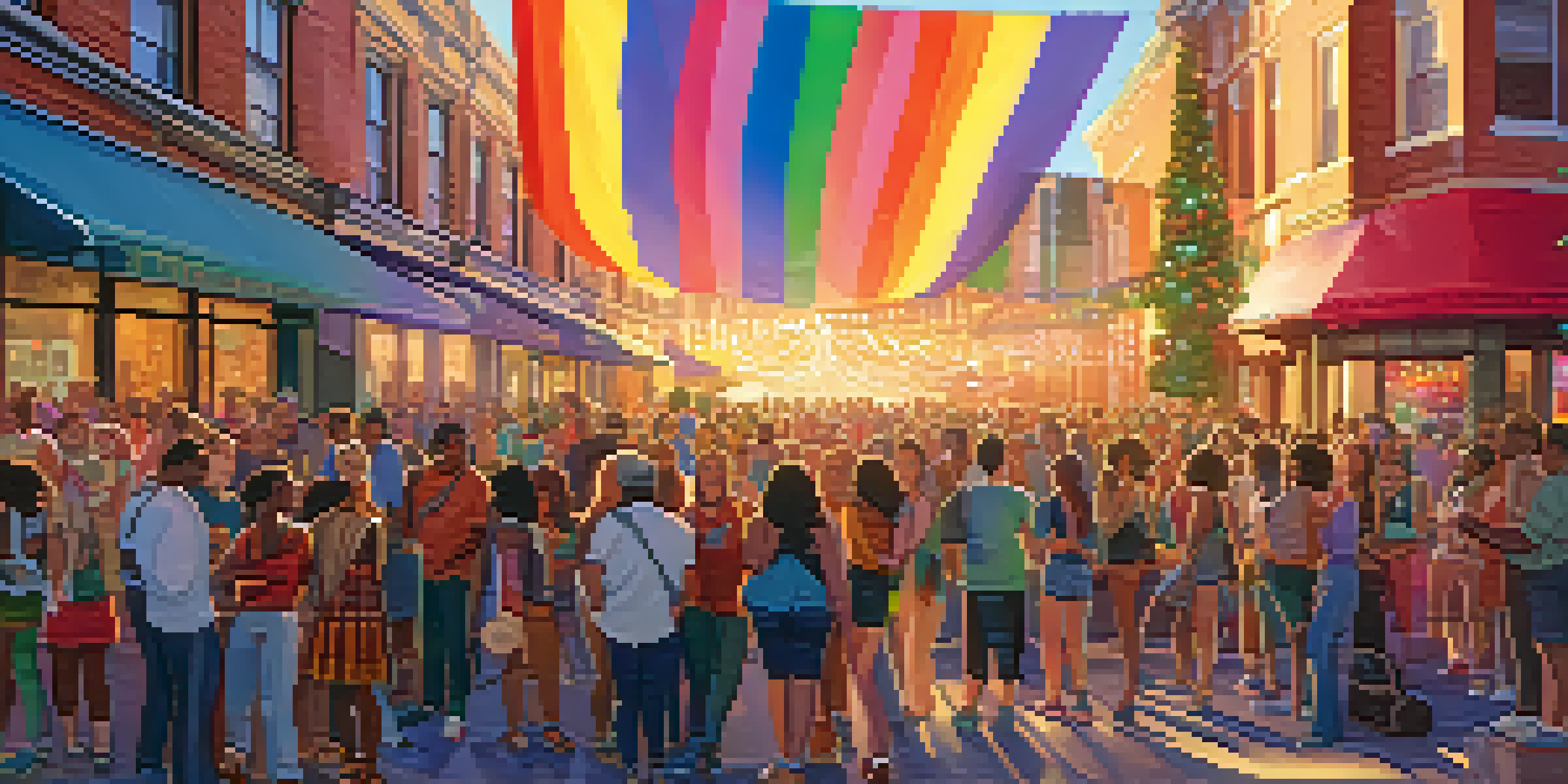 A lively film festival scene with a diverse crowd gathered in front of a large screen showing an LGBTQ+ film, adorned with rainbow flags and pride-themed clothing.