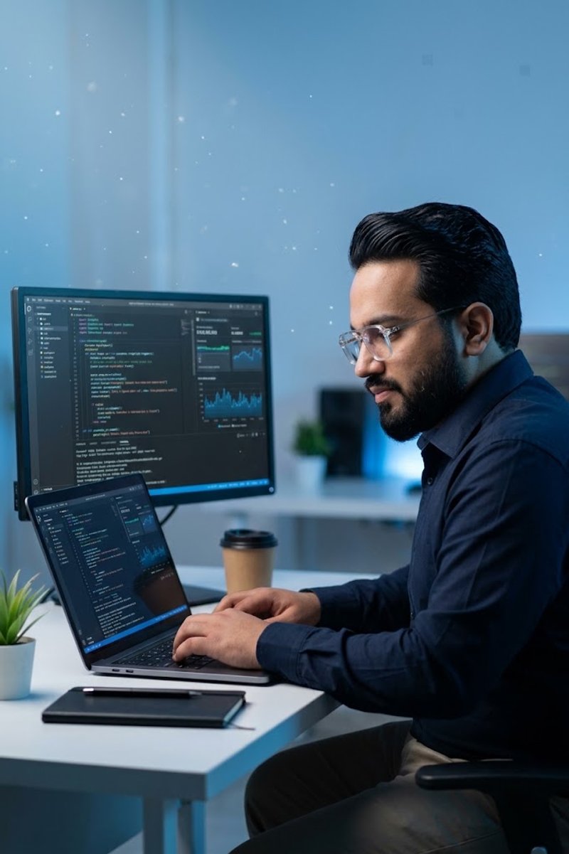 Awais Javed working at a laptop beside a desktop monitor