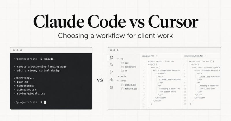 Claude Code vs Cursor comparison with terminal and code editor illustrations for client website development