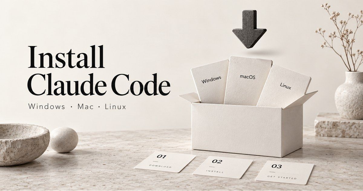 Claude Code installation kit with Windows, macOS, and Linux tiles beneath a download arrow