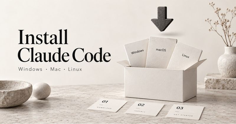 Claude Code installation kit with Windows, macOS, and Linux tiles beneath a download arrow