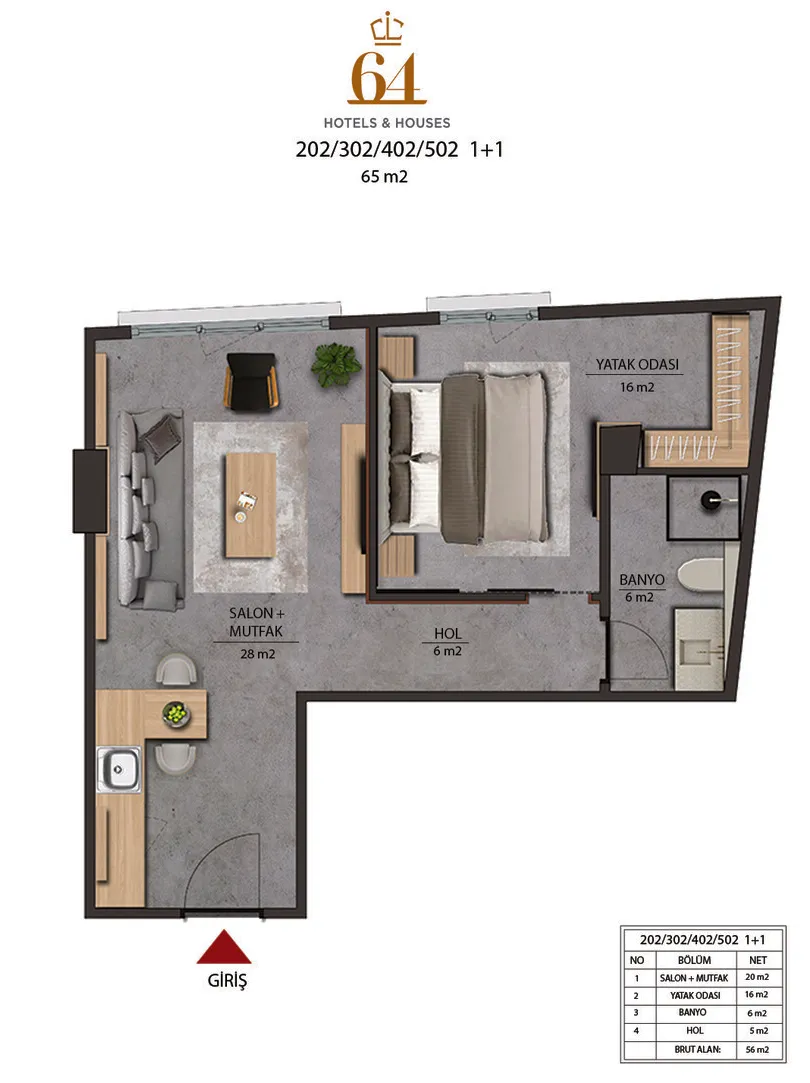 CITYLOFT 64 Studio: Balkonlu daire kat planı