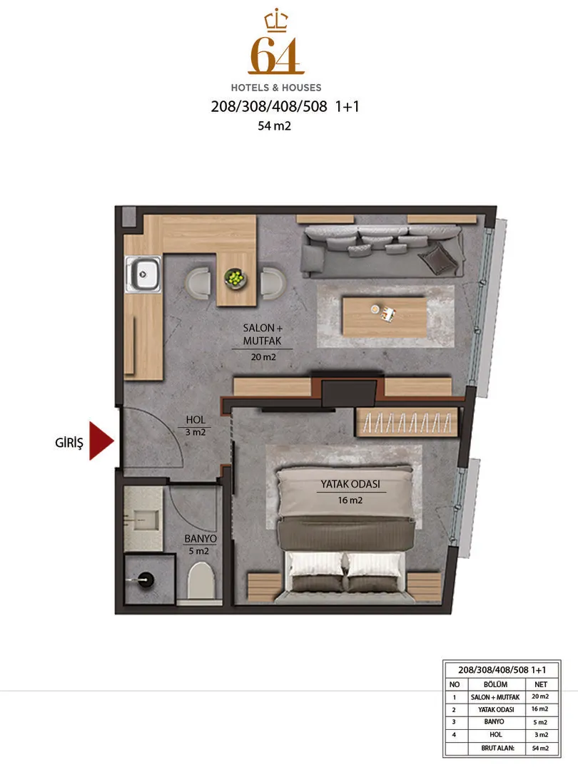 CITYLOFT 64 1+1: 1+1 daire kat planı