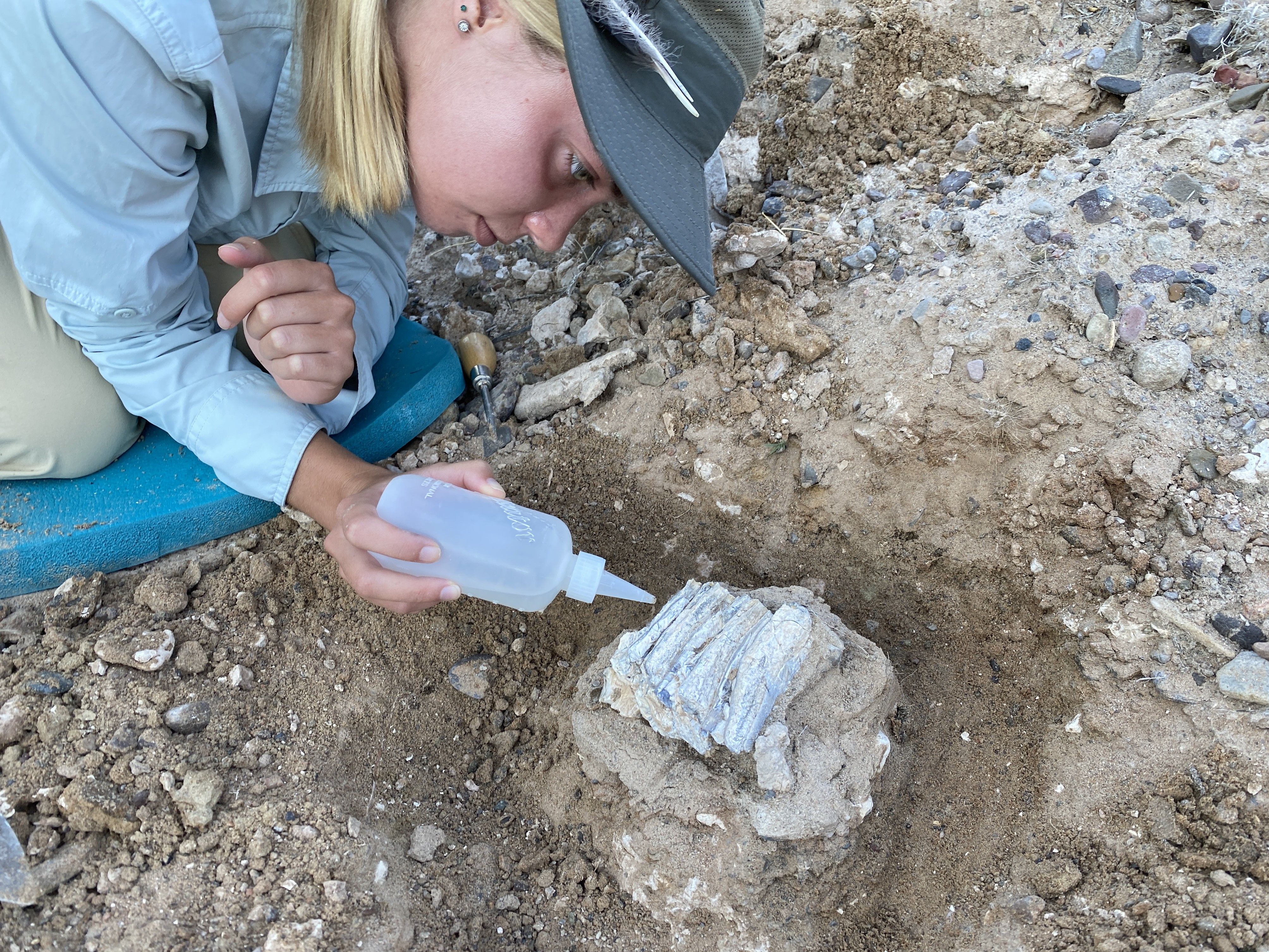 Photo of GeoCorps Participant in the field testing a rock for reactivity with HCl acid