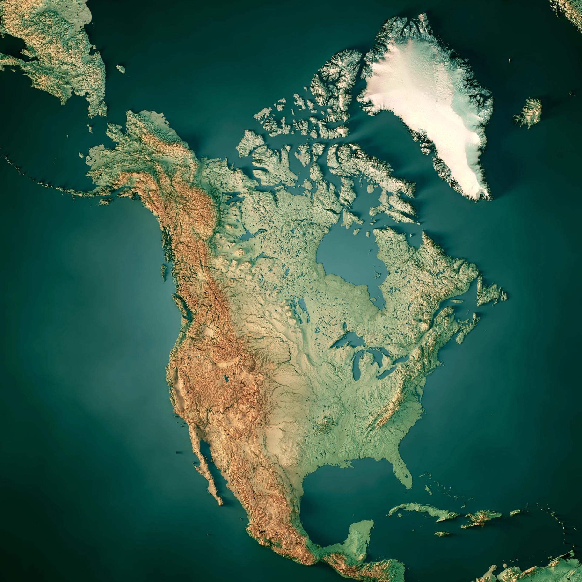 A detailed topographic map of North America shows elevation variations with earthy tones for mountains and green for plains, bordered by blue oceans.
